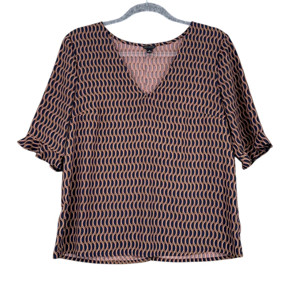 Ann Taylor Womens Top Size Small Brown Blue‎ Geometric Print Short Sleeve
